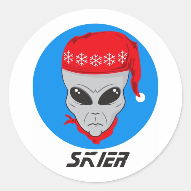 Alien Skier Runder Aufkleber (Vorderseite)
