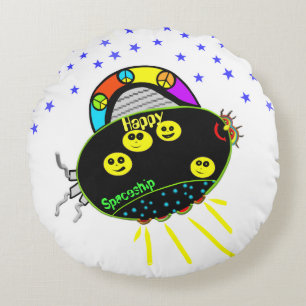 Alien Smile Peace Black Spaceshiship Stars Kinder Rundes Kissen