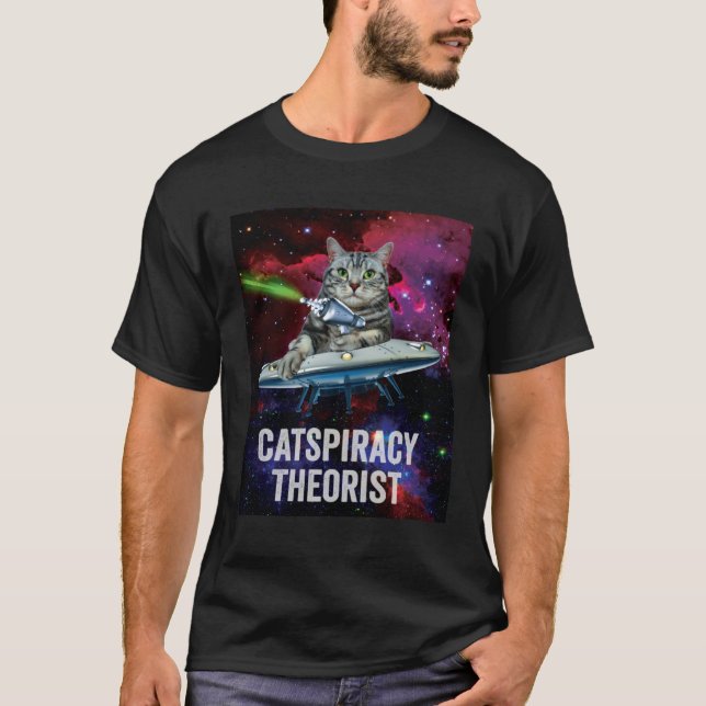 Alien Space Cat UFO Catspiracy Theorist T-Shirt (Vorderseite)