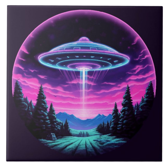 Alien Spaceship Retro Futuristic Fliese (Vorderseite)