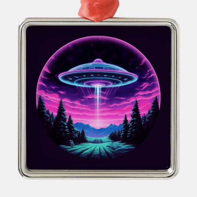 Alien Spaceship Retro Futuristic Ornament Aus Metall (Vorne)