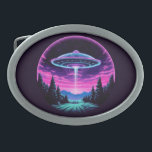 Alien Spaceship Retro Futuristic Ovale Gürtelschnalle<br><div class="desc">Treten Sie ein in eine Welt des Weltwunderns mit unserer faszinierenden Alien Spaceship Vaporwave ästhetische Kunstdruckerei. Vor dem Hintergrund eines Sternenhimmels zeigt diese bezaubernde Szene ein Raumschiff der Alien, das über ein ruhiges Nachtfeld schwebt und einen ätherischen Schein ausstrahlt, der die Umgebung in einem surrealen Licht badet. Inspiriert durch die...</div>