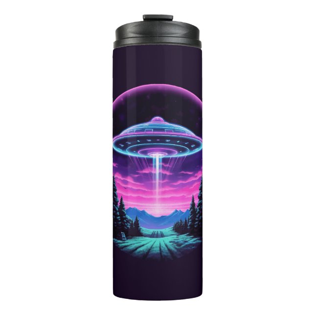 Alien Spaceship Retro Futuristic Thermosbecher (Vorderseite)