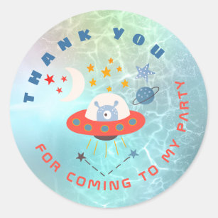 Alien Spaceship Vielen Dank aquamarine Geburtstags Runder Aufkleber