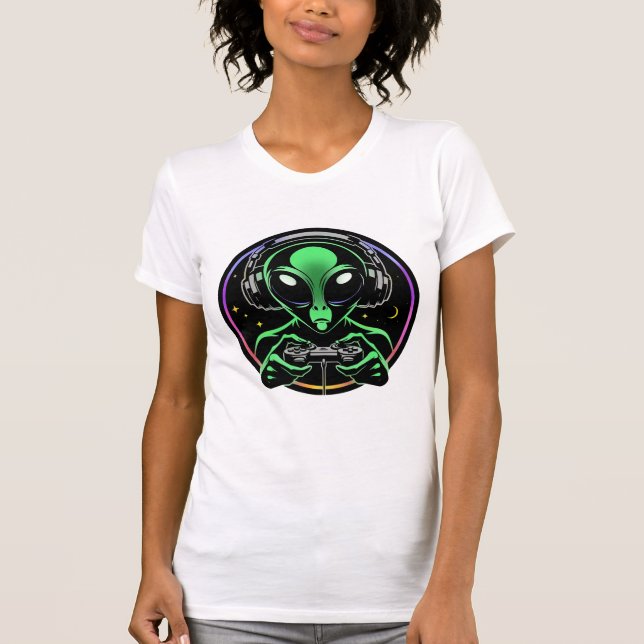 Alien spielt Videospiele | Stellar Button Smasher T-Shirt (Vorderseite)