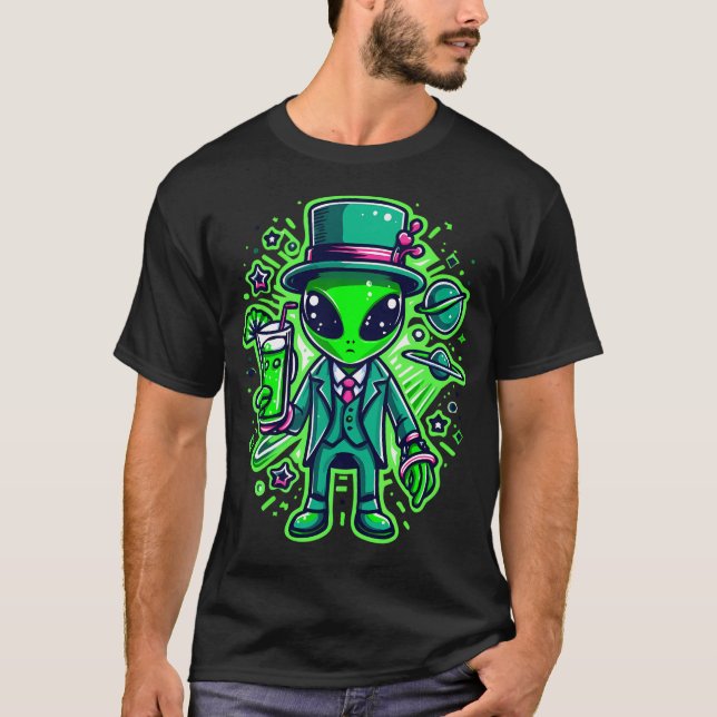 Alien St Patricks Day Extraterrestrisches Kleeblat T-Shirt (Vorderseite)