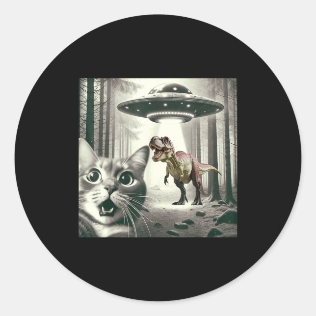 Alien T UFO Selfie Dinosaur Rex Cat Runder Aufkleber (Vorderseite)