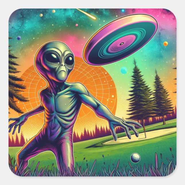 Alien Throwing Disk Golf Quadratischer Aufkleber (Vorderseite)