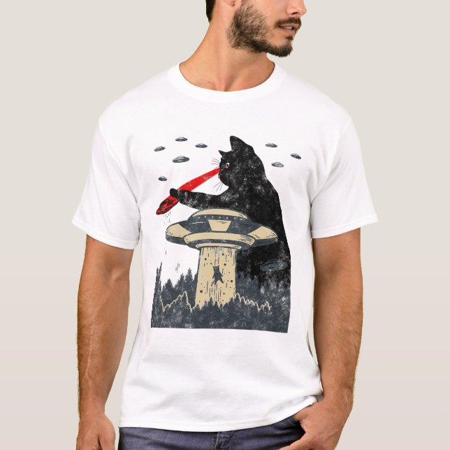 Alien Ufo Abduction Laser Eye Funny Cat T-Shirt (Vorderseite)
