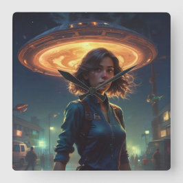 Alien UFO Begegnung mit Mädchen in der Stadt Quadratische Wanduhr