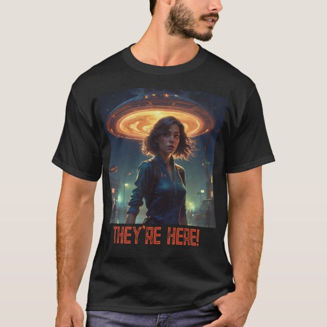 Alien UFO Begegnung mit Mädchen in der Stadt T-Shirt (Vorderseite)