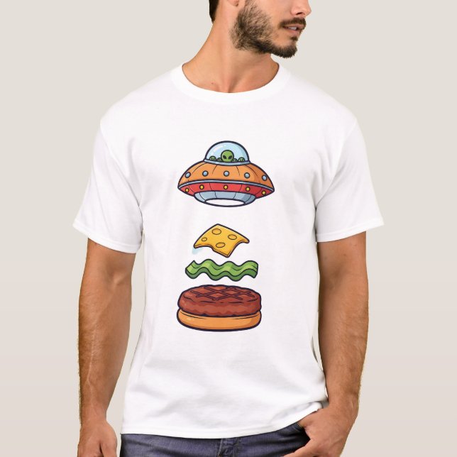 Alien-UFO-Burger-Illustration mit schwebenden Schi T-Shirt (Vorderseite)