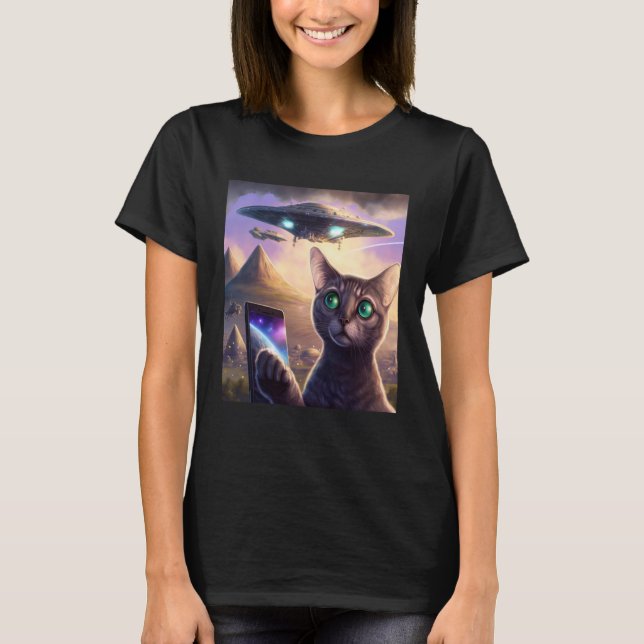 Alien UFO Cat Selfie Galaxy Cat T-Shirt (Vorderseite)