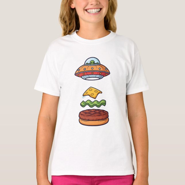Alien-UFO-dekonstruierter-Cheeseburger-Kinder T-Shirt (Vorderseite)