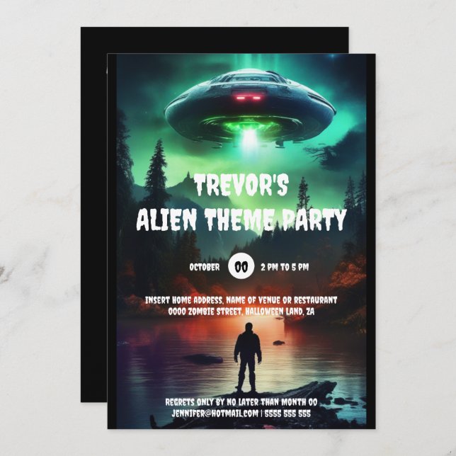 Alien UFO-Invasion Geburtstagsparty Einladung (Vorne/Hinten)