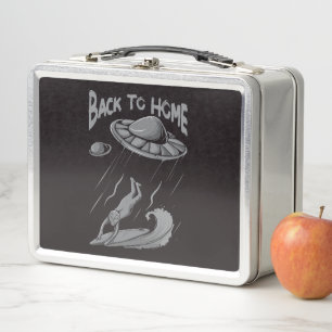 Alien-UFO-Surfing-Illustration mit Zurück nach Hau Metall Brotdose