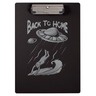alien ufo surfing illustration with back to home   klemmbrett