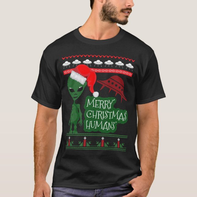 Alien UFO Ugly Christmas Sweater gegossen T-Shirt (Vorderseite)