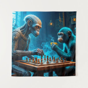 Alien und Affe spielen Schach mit Kaffee Wandteppich
