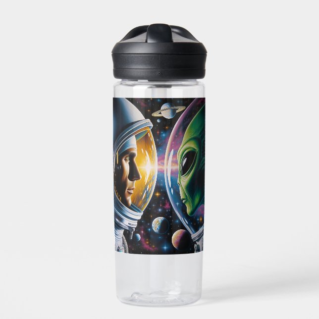 Alien und Astronaut im Weltraum Personalisiert Trinkflasche (Vorderseite)