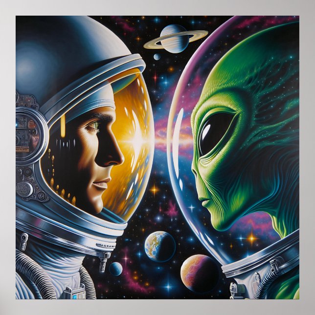 Alien und Astronaut im Weltraum Poster (Vorne)