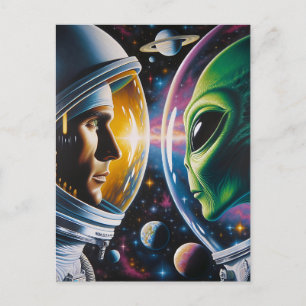 Alien und Astronaut im Weltraum Postkarte