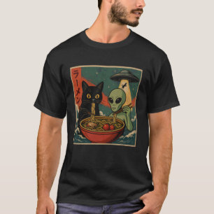 Alien und Katze Ramen-Schale Lustiges UFO Japanisc T-Shirt