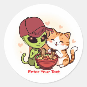 Alien und Katze teilen sich Ramen Kawaii Kunst Runder Aufkleber