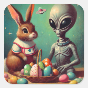 Alien und Osterhase Kitsch Vintage-Malerei Quadratischer Aufkleber