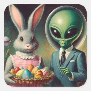 Alien und Osterhase Kitsch Vintage-Malerei Quadratischer Aufkleber