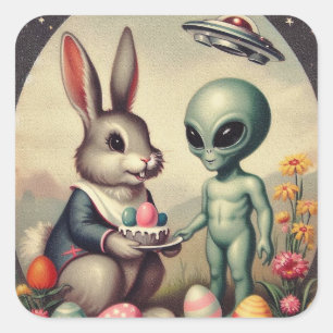 Alien und Ostern Bunny Kitsch Vintage Malerei Quadratischer Aufkleber