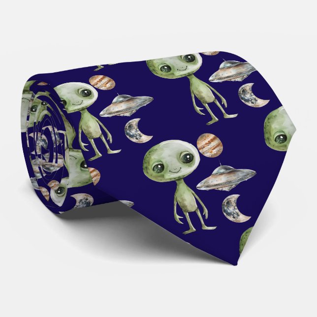 Alien und Raumschiff Krawatte (Gerollt)
