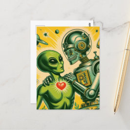 Alien und Robot Retro-Liebe Postkarte