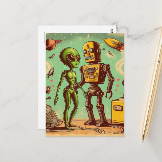 Alien und Robot Retro-Liebe Postkarte (Vorderseite/Rückseite Beispiel)