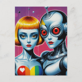 Alien und Roboter in der Liebe Regenbogen Postkarte