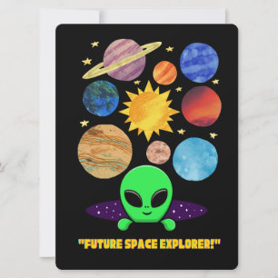 ALIEN, UNIVERSUM, ROCKETSCHAFT, PLANET UND ASTRONA FEIERTAGSKARTE