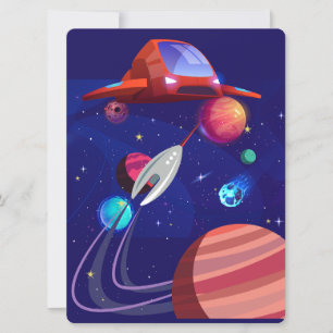 ALIEN, UNIVERSUM, ROCKETSCHAFT, PLANET UND ASTRONA FEIERTAGSKARTE