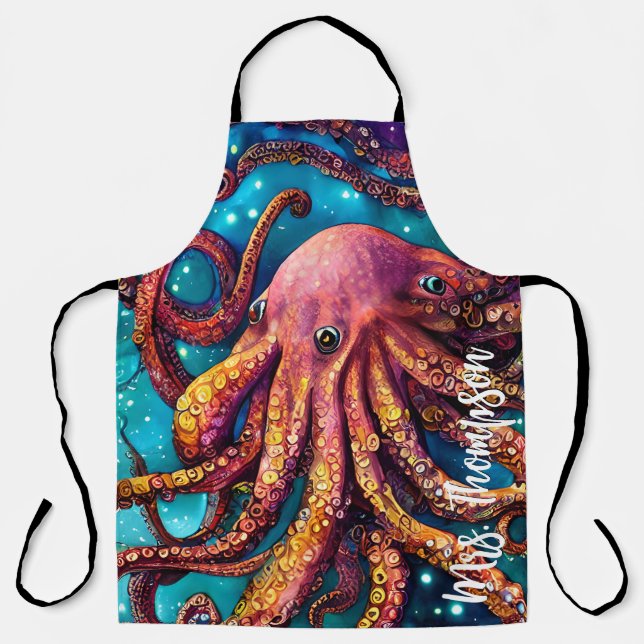 Alien Wasserfarben-Oktopus mit Personalisiertem Na Schürze (Vorderseite)