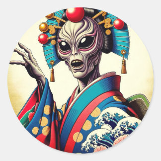 Alien wearing a Japanese kimono シール Runder Aufkleber