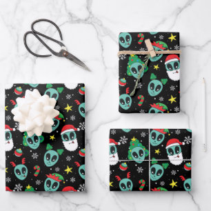 Alien Weihnachtsmann Schneeflocken Weihnachtsbaum  Geschenkpapier Set