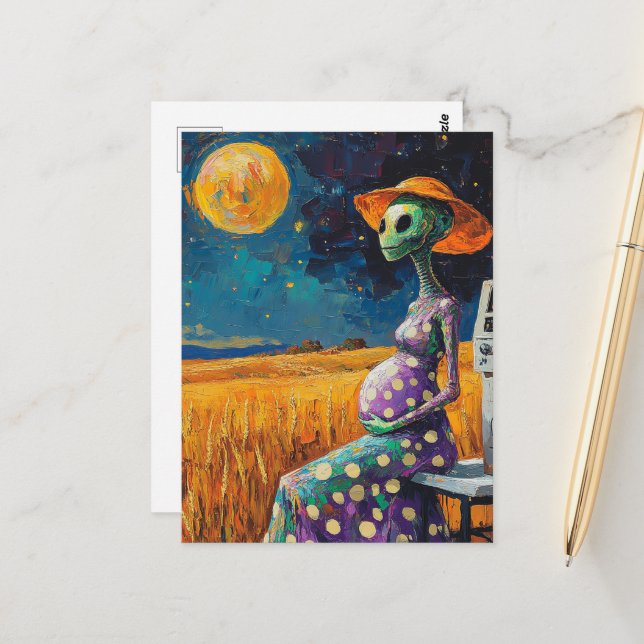 Alien wird bald Mutter in einem Weizenfeld Postkarte (Vorderseite/Rückseite Beispiel)