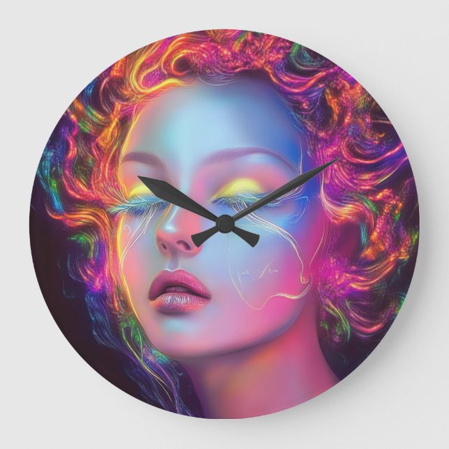 Alien Woman mit kosmischem Haar Große Wanduhr (Vorderseite)