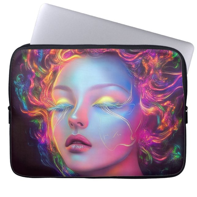 Alien Woman mit kosmischem Haar Laptopschutzhülle (Vorderseite)