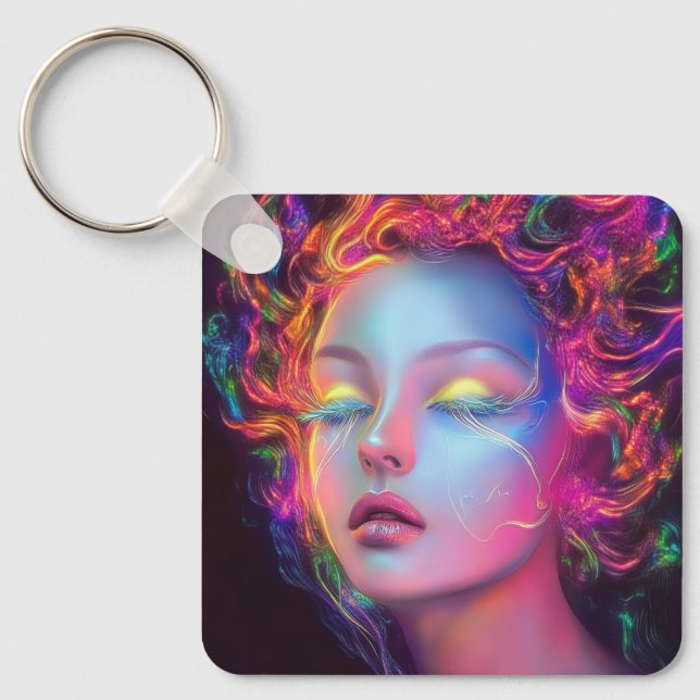 Alien Woman mit kosmischem Haar Schlüsselanhänger (Vorderseite)