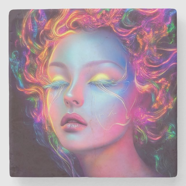 Alien Woman mit kosmischem Haar Steinuntersetzer (Vorderseite)