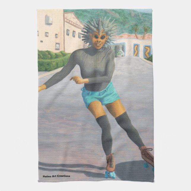 Alien Woman Roller Skaten Fantasy Kitchtuch Geschirrtuch (Vertikal)