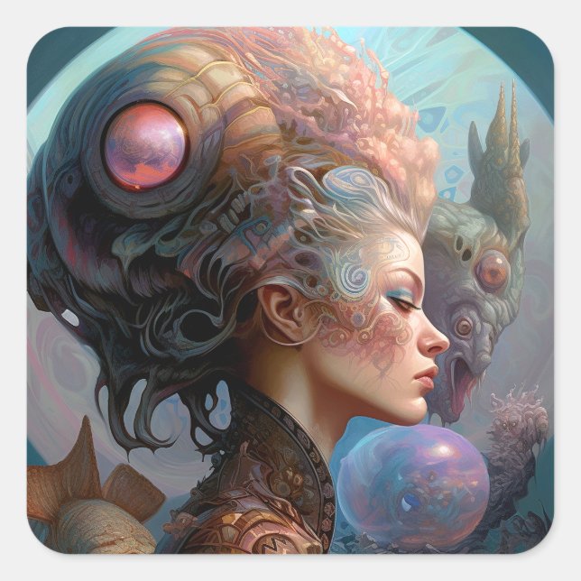 Alien Woman Surreal Science Fiction Art Quadratischer Aufkleber (Vorderseite)