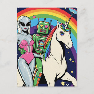 Alien Woman und Green Robot in Liebe mit Unicorn Postkarte