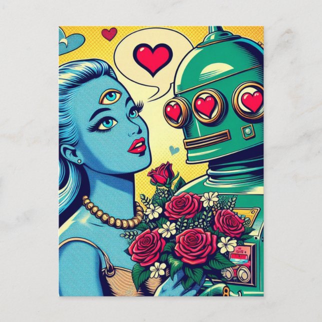 Alien Woman und Robot in Liebe Retro Comic Postkarte (Vorderseite)