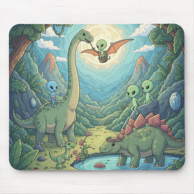 Aliens and Dinosaurs in Prehistoric Paradise Mousepad (Vorne)